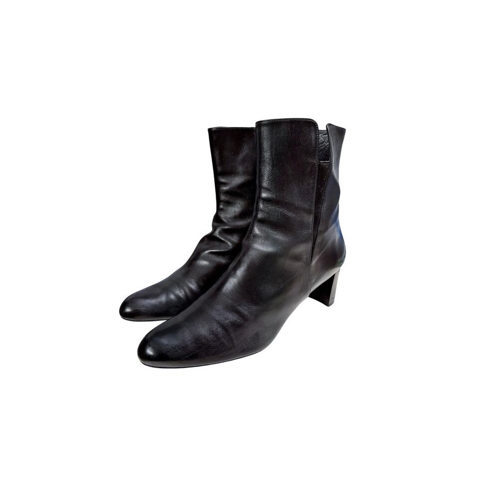Stuart Weitzman Black Leather Ankle Boots Almond Toe Heeled Minimalist Booties